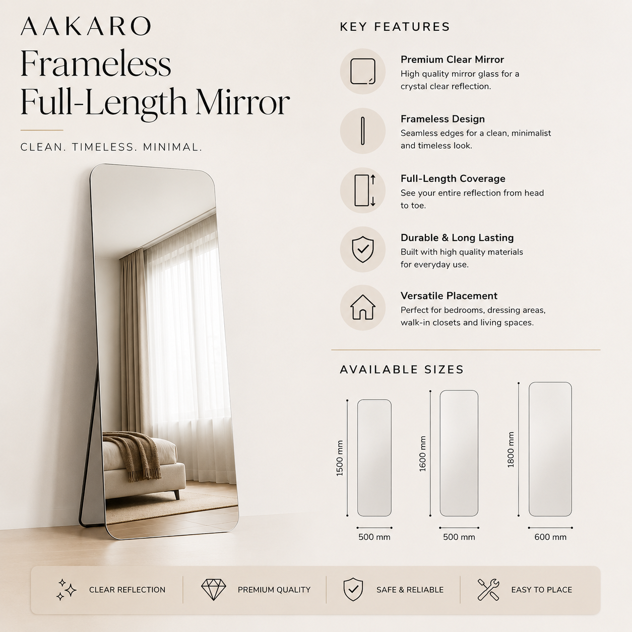 AAKARO Frameless Full-Length Mirror