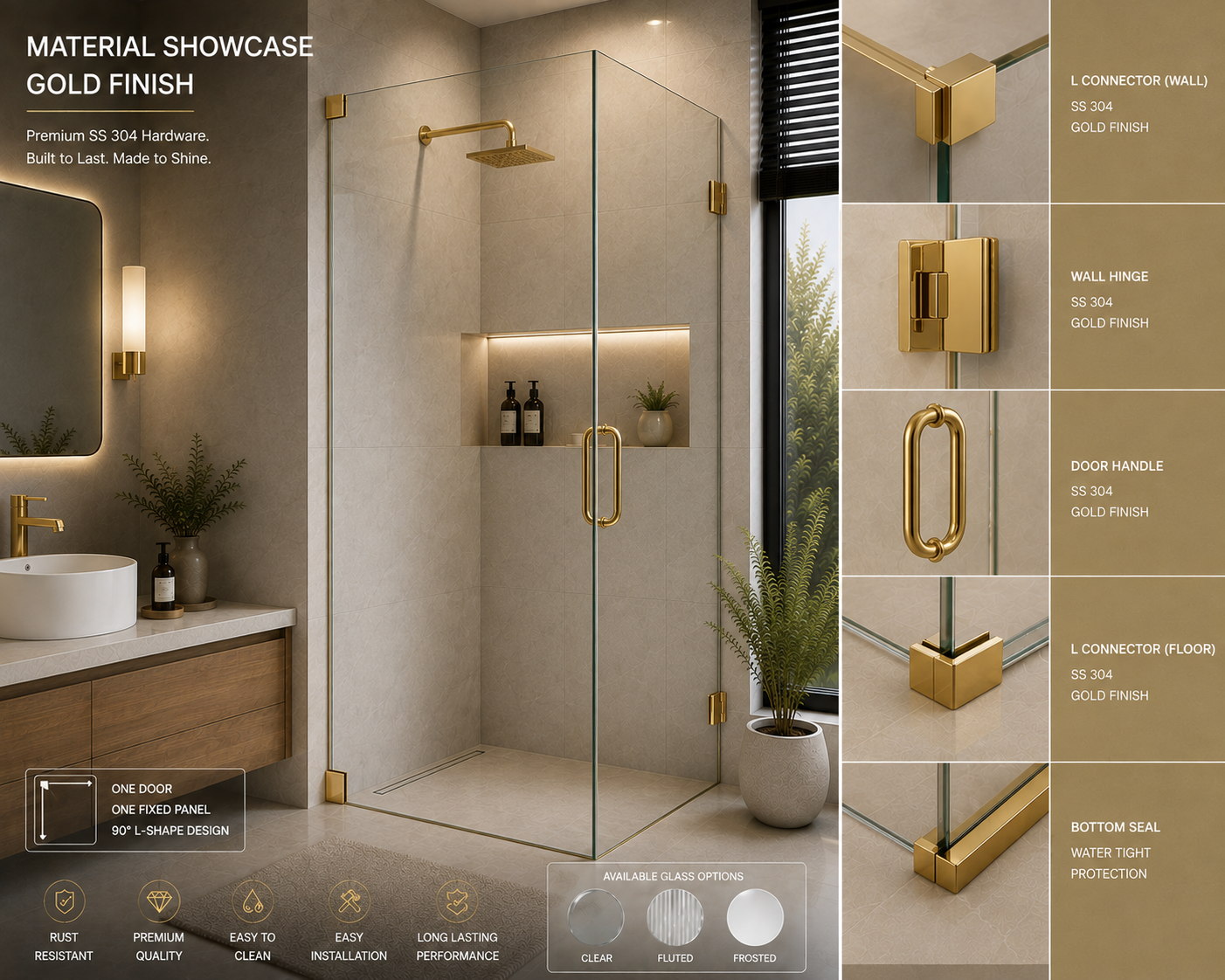 AAKARO NANO Frameless One Door + One Fixed L-Shape Shower Partition
