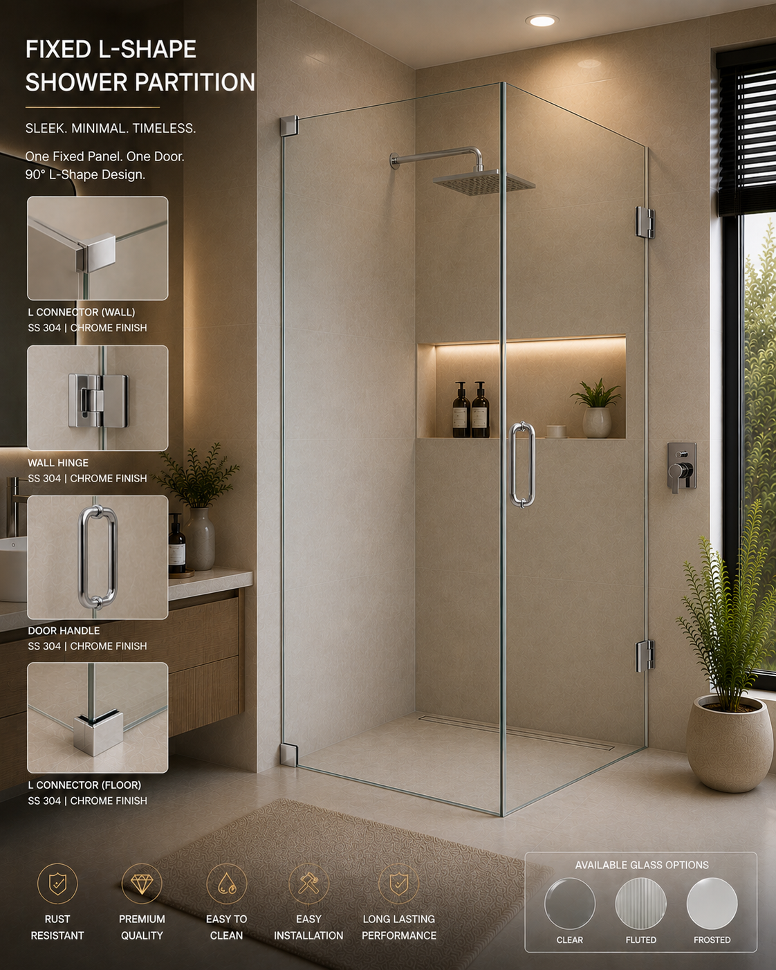 AAKARO NANO Frameless One Door + One Fixed L-Shape Shower Partition