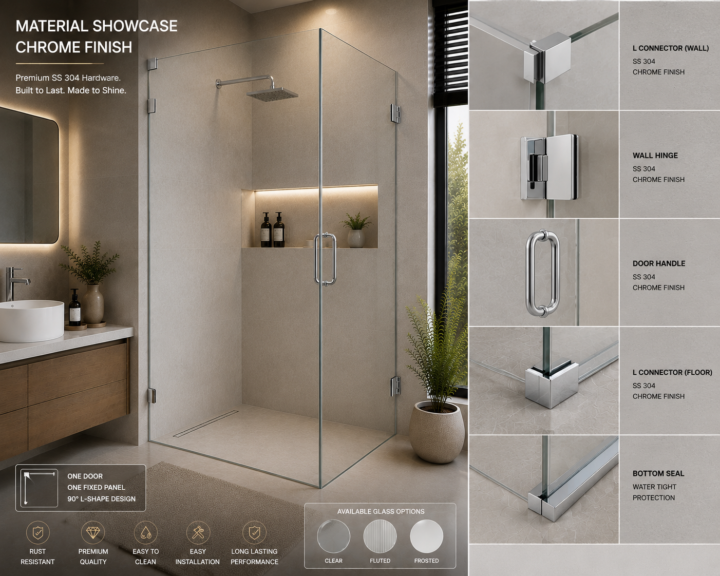 AAKARO NANO Frameless One Door + One Fixed L-Shape Shower Partition