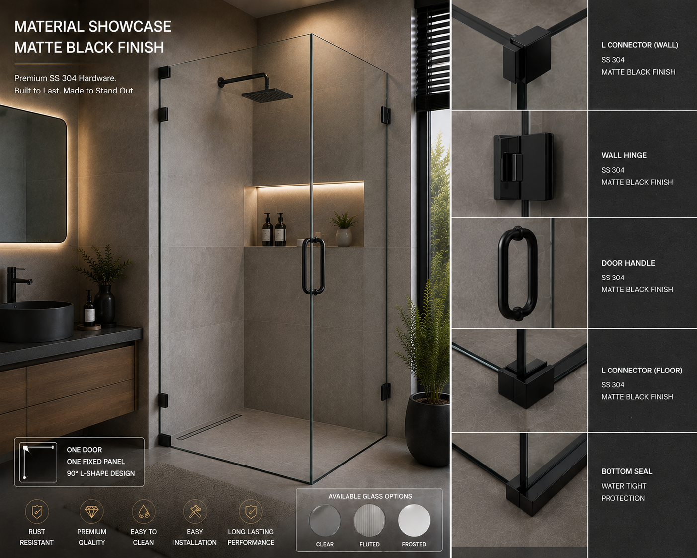 AAKARO NANO Frameless One Door + One Fixed L-Shape Shower Partition